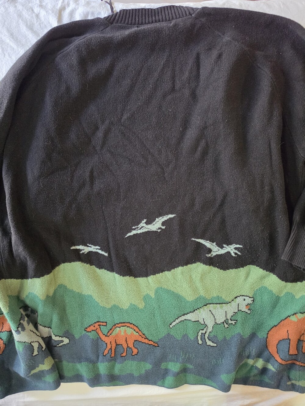 Dangerfield Dinosaur Knit Cardigan Sweater XL Cotton Black Green Whimsical Retro - Picture 6 of 8